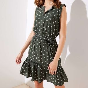 LOFT Green Arrow Smocked Ruffle Tie Waist Dress